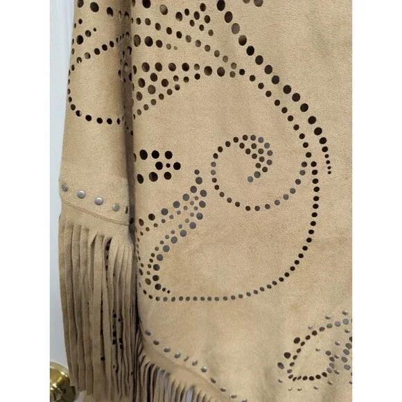 Curations Caravan Tan Faux Suede Laser Cut Fringe Wrap Shawl Studded Boho OS - Picture 14 of 16